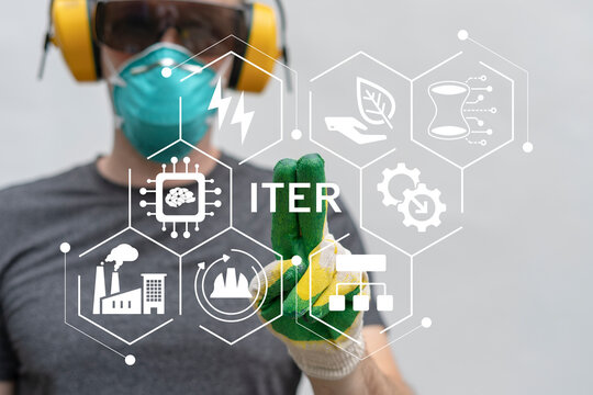 Engineer using virtual touch screen presses the word ITER. Concept of ITER International Thermonuclear Experimental Reactor Tokamak Industry Science Technology Research. JET nuclear fusion reactor.
