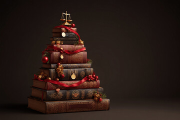 Christmas tree crafted from stacked leather-bound law books with legal tape garland and golden scales of justice ornaments in professional office setting for law firm holiday campaigns, corporate lega