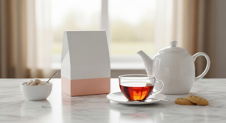 A warm cup of tea, a sugar bowl, and biscuits on a table near a window, perfect for a cozy afternoon break