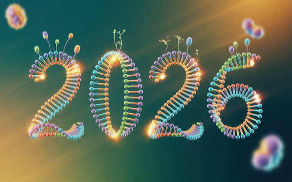 Futuristic 2026 new year design DNA structure forming the numbers science and technology concept for the coming year