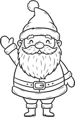 Charming black and white illustration of santa claus waving hello with a friendly smile