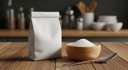 White granulated sugar displayed in a stand-up pouch, a small sachet, and a glass bowl on a wooden kitchen counter. A common sweetening ingredient ready for use