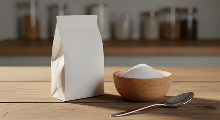 Blank white paper bag for product branding mockup next to a wooden bowl filled with granulated sugar and a spoon on a kitchen tabletop