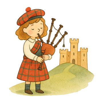 PNG Scottish child playing bagpipes.