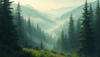 Misty forest landscape with sunlight filtering through trees. Scene evokes serene tranquility. Rich green trees and mountains in the fog creates natural wallpaper background. Travel, eco themes.