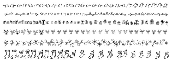 Fototapeta premium Holiday Line Dividers Set Santa Hats Gifts Holly Stockings Seamless Outline Vector