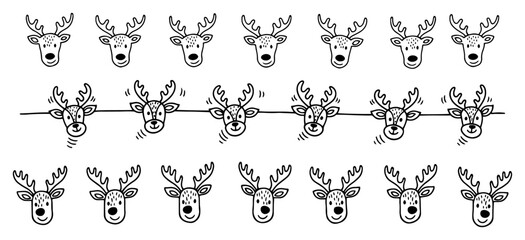 Cute doodle reindeer head collection Set of hand drawn cartoon deer faces for Christmas holiday design Vector animal characters illustration © Aisha Kudorova