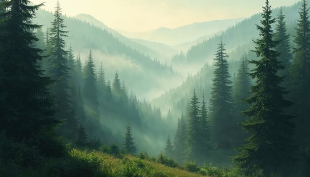 Misty forest landscape with sunlight filtering through trees. Scene evokes serene tranquility. Rich green trees and mountains in the fog creates natural wallpaper background. Travel, eco themes.