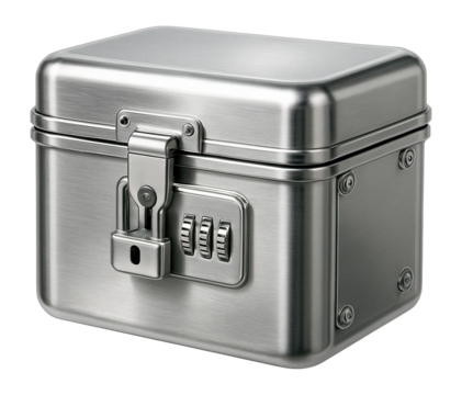 A locked stainless steel mini chest, perfect for securing confidential office documents.