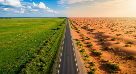 Naklejka premium A road divides a landscape, showcasing the stark contrast between a lush green field and an arid desert, highlighting environmental differences.