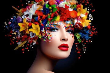 Naklejka premium Vibrant Floral Beauty Portrait with Colorful Makeup and Intricate Headpiece on Black Background