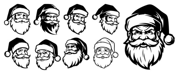 Santa Claus Heads Vector Set Vintage Christmas Portrait Icons Monochrome