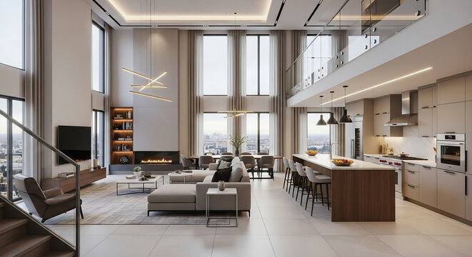 A modern and luxurious living room with high ceilings, large windows, and a stylish interior design, creating a bright and inviting space for relaxation and entertainment.