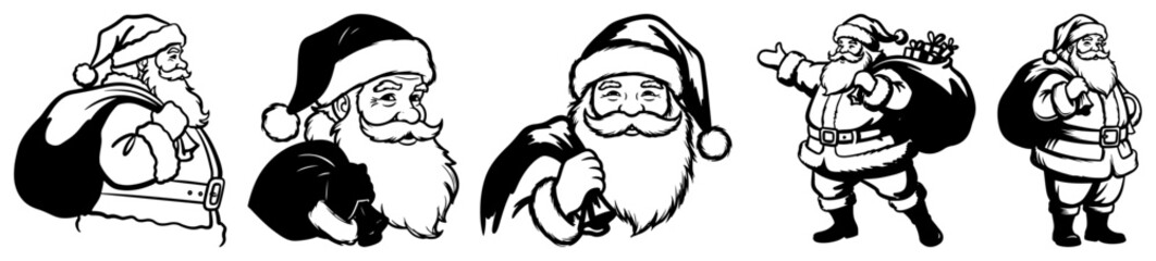 Santa Claus vector set Collection of vintage style Christmas character illustrations with gift sack
