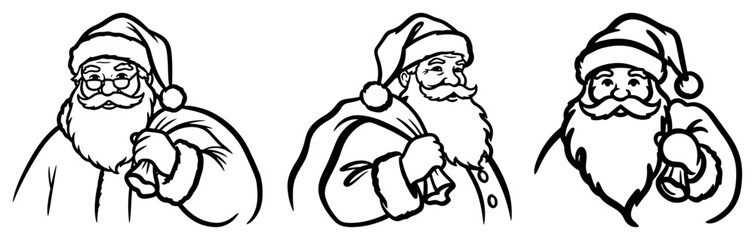 Santa Claus head outline set Hand drawn Christmas character portraits for coloring book Vector line art illustration