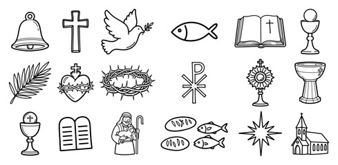 Christian religion doodle icon set Hand drawn vector collection of catholic and biblical symbols