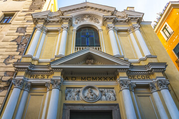 Salerno, Italy. Architectural facade of historical church, featuring ornate columns and decorative elements, showcasing historical significance.