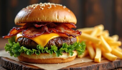 Juicy cheeseburger stacked with melted cheddar, crispy bacon, fresh lettuce. Golden french fries complete this classic fast food meal. Perfect for diners, cafes, and food blogs.