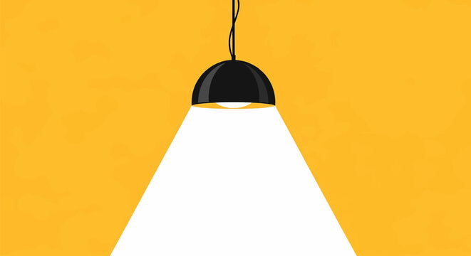 Hanging lamp with bright spotlight on yellow. Vector illustration, isolated objects, for commercial use
