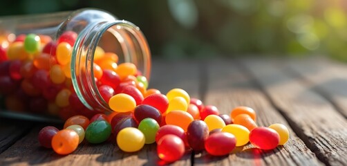 Colorful jelly beans spill from glass jar onto rustic wooden table. Assorted candies in red, orange, yellow, green, purple tones. Sunlight creates soft focus background. Confectionery, sweets.
