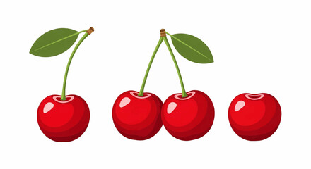Set of red cherries with leaves, single and paired. A vector illustration showcasing isolated objects for commercial use