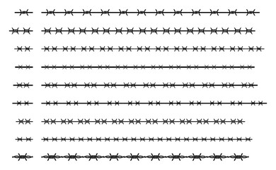 Fototapeta premium Barbed Wire Seamless Borders Thin Line Set Minimal Monochrome Vector Dividers