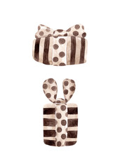 Watercolor illustrations in beige and brown tones. Striped gift boxes of various sizes with polka-dot ribbons. Perfect for your Christmas and Easter decor