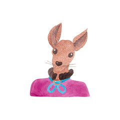 Portrait of a deer in a fuchsia shirt with a lush frill. Watercolor illustration of an animal in elegant clothing for children's product design