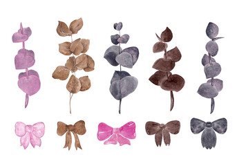 Four types of eucalyptus and bows in brown and purple. Large set for your design. Watercolor elements