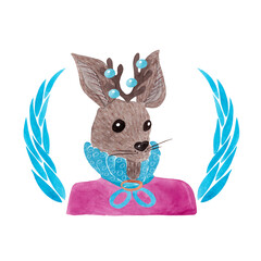 Portrait of a deer in a fuchsia shirt with a lush frill. Christmas watercolor illustration. The animal in elegant clothing for children's product design