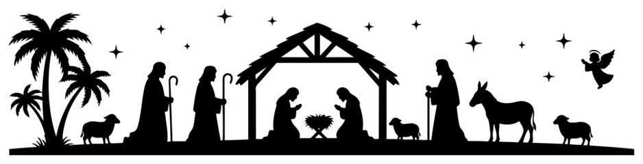 Nativity Scene Silhouette Border Christmas Manger Holy Family Vector Banner © Aisha Kudorova
