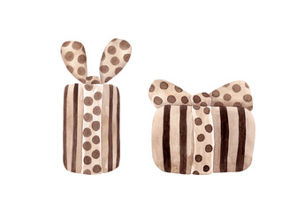 Watercolor illustrations in beige and brown tones. Striped gift boxes of various sizes with polka-dot ribbons. Perfect for your Christmas and Easter decor