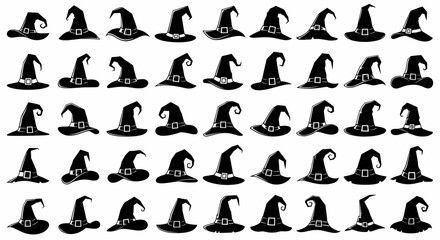 Collection of spooky witch hat silhouettes for design. Vector illustration of isolated objects for commercial use