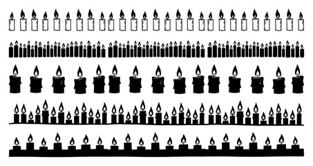 Hand drawn candle seamless border set Collection of doodle burning candles with flames for decoration Vector illustration