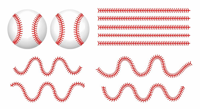 Vector illustration of baseballs and red seam patterns, a set of isolated objects for design and commercial use