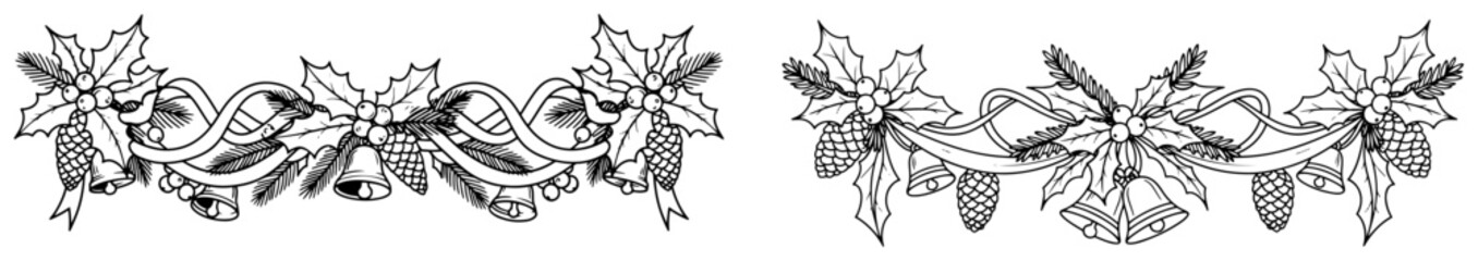 Vintage Christmas seamless border set Hand drawn vector dividers with holly bells and pine cones
