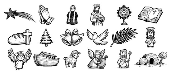 Hand drawn Christian religion and Christmas icons set Sketch style biblical symbols collection Vector doodle illustration