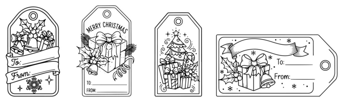 Hand drawn Christmas gift tags collection Vector sketch holiday present labels with festive decorations