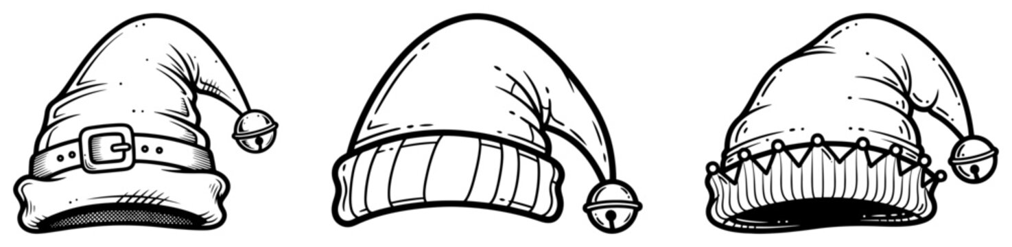 Hand drawn Christmas hats set Sketch style Santa elf and winter beanie for holiday design Vector illustration