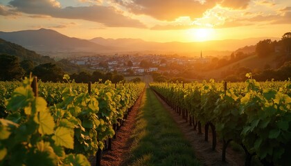 Naklejka premium Picturesque sunset over vineyard rows leading to small town. Beautiful gold light, green vines, hills. Rural landscape. Summer evening, travel destination, peaceful atmosphere.