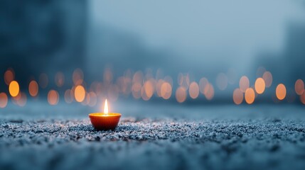 A single illuminated diya sits among soft bokeh lights, conveying a peaceful ambiance perfect for relaxation and mindfulness