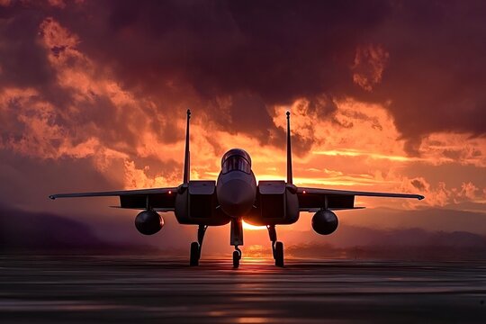 F 15 eagle fighter jet on runway at sunset