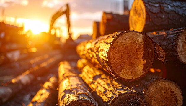 Neatly stacked tree logs, warm golden sunset light, construction machinery blurred on background