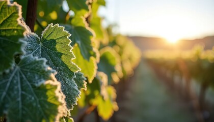 Sunlit grapevine leaves dusted with frost in vineyard row. Soft morning sun illuminates green foliage. Image highlights impact of climate on agriculture, challenges of organic farming, vine growing.