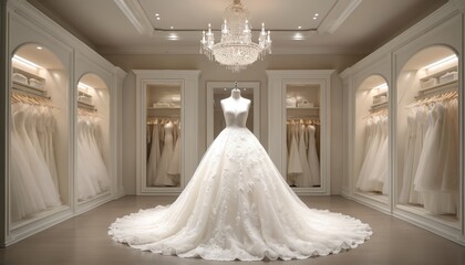 Elegant bridal showroom with stunning display of wedding gowns. Magnificent ball gown takes center stage under crystal chandelier. Racks of dresses line walls, offering wide selection for discerning