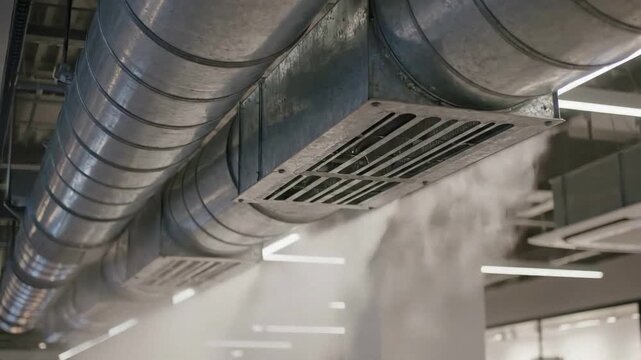 Industrial HVAC Ductwork with Airflow Visible from Ceiling Vents in a Commercial Space for Facility Management, Construction Projects, Engineering Documentation, and HVAC System Design