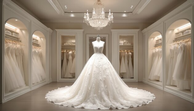 Elegant bridal showroom with stunning display of wedding gowns. Magnificent ball gown takes center stage under crystal chandelier. Racks of dresses line walls, offering wide selection for discerning