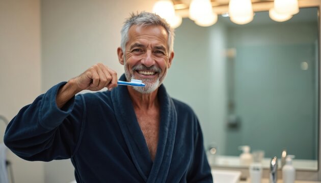 Elderly man smiling brushing teeth in modern bathroom. Senior male with grey beard wears robe. Dental hygiene routine promotes fresh breath, healthy gums. Active ageing, well-being, daily care. - Powered by Adobe