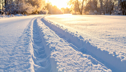 Fresh tire tracks imprinted on a snow-covered road, peaceful and atmospheric winter mood.