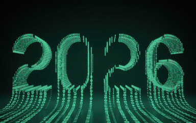 Pixelated 2026 new year design futuristic digital rendering with binary code effect technology concept